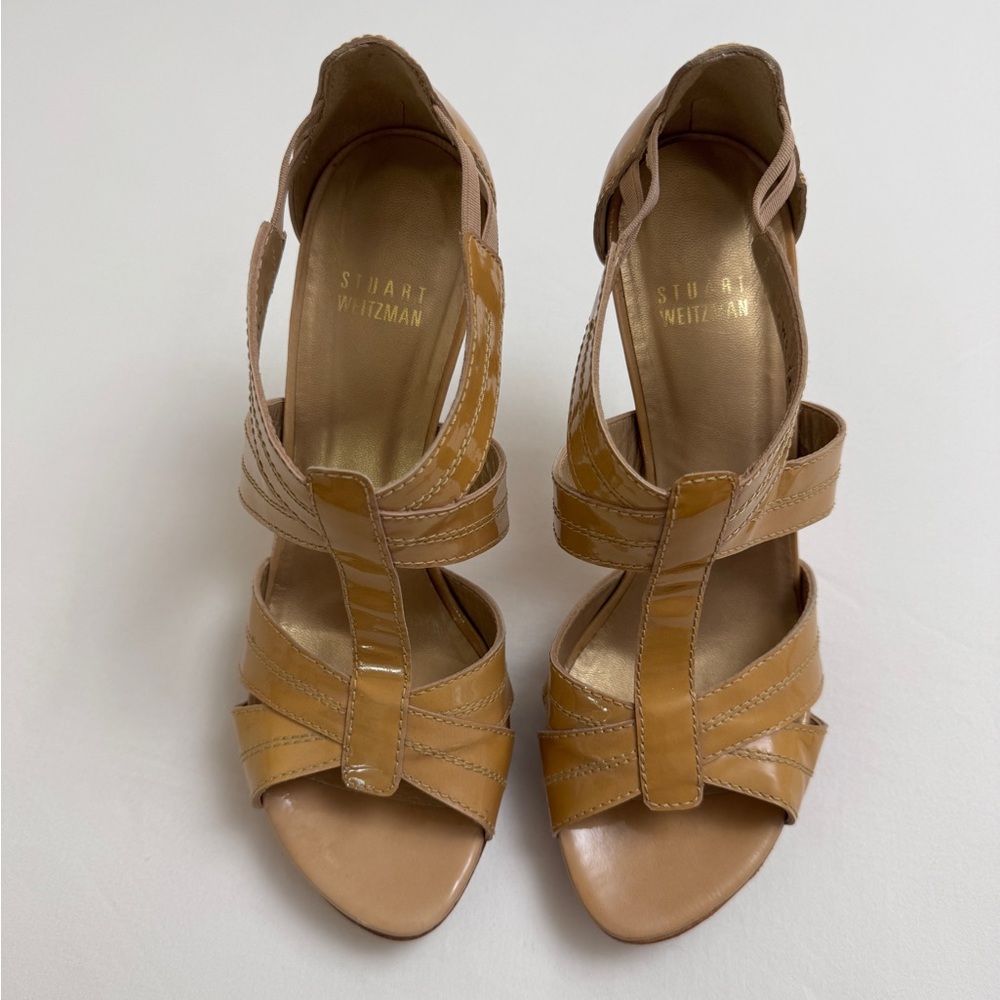 Stuart Weitzman Patent Leather Strappy Stiletto Platform Heels Size 8.5 Classic - Picture 2 of 13